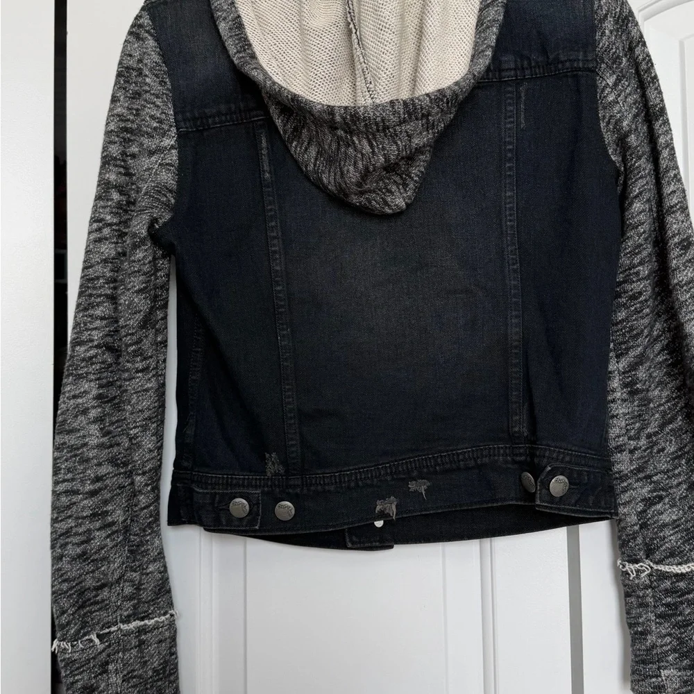 Free People distressed Black Jean Jacket with charcoal Sleeves